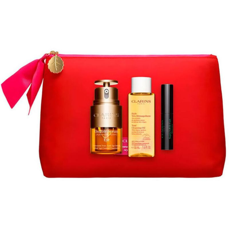 CLARINS COFFRET DOUBLE SERUM 20ML+ TOTALCLEANSING OIL 50ML+MINI MASCARA SUPRA LIFT CURL +TROUSSE