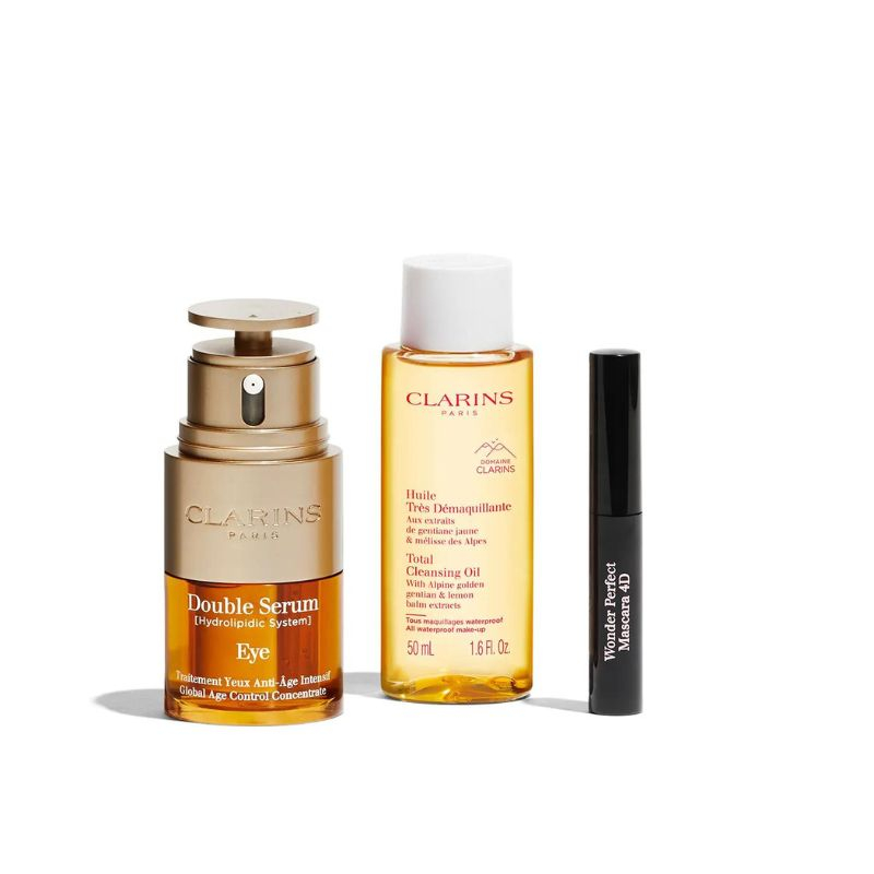 CLARINS COFFRET HUILE NETTOYANTE DÉMAQUILLANTE 50ML+DOUBLE SÉRUM YEUX 20ML+MINI MASCARA01 NOIR PARFAIT