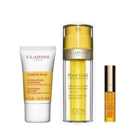 CLARINS COFFRET PLANT GOLD 100ML+ SCRUB CONFORT 15ML+ HUILE CONFORT LEVRES