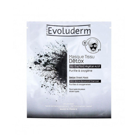 EVOLUDERM MASQUE TISSU DETOX AUX CHARBON VEGETAL ACTIF PURIFIE ET OXYGENE POUR TOUS TYPES DE PEAUX