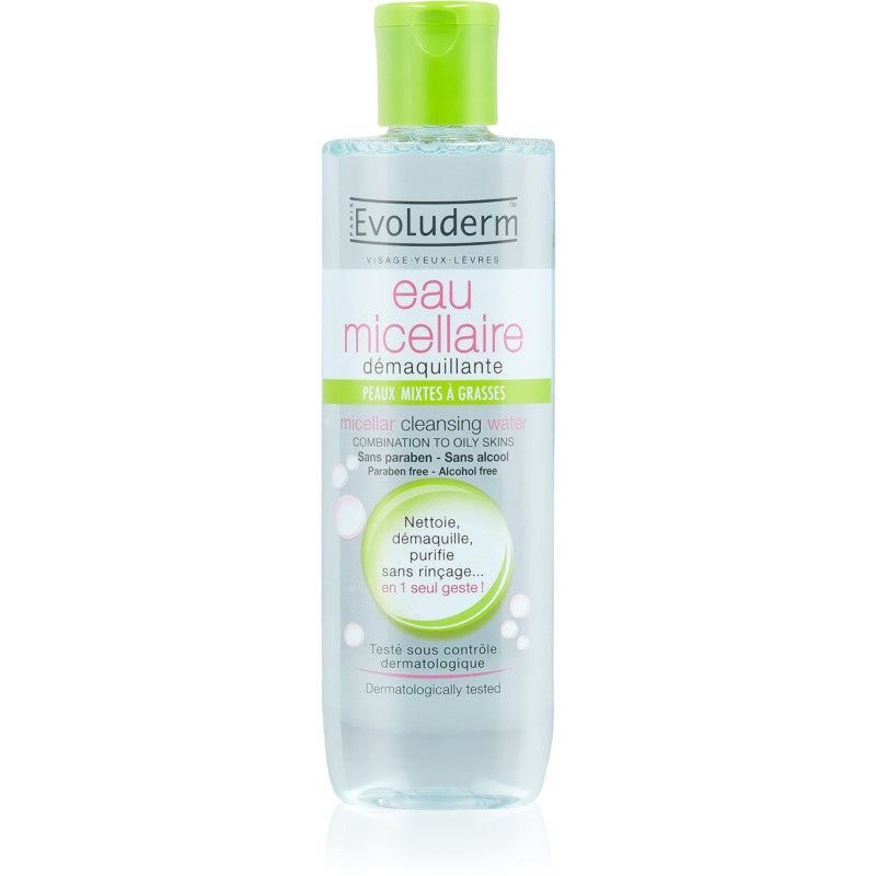 EVOLUDERM EAU MICELLAIRE DEMAQUILLANTE VISAGE,YEUX ET LEVRES POUR PEAUX MIXTES A GRASSES 250ML