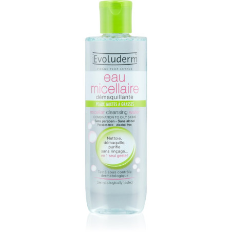 EVOLUDERM EAU MICELLAIRE DEMAQUILLANTE VISAGE,YEUX ET LEVRES POUR PEAUX MIXTES A GRASSES 250ML